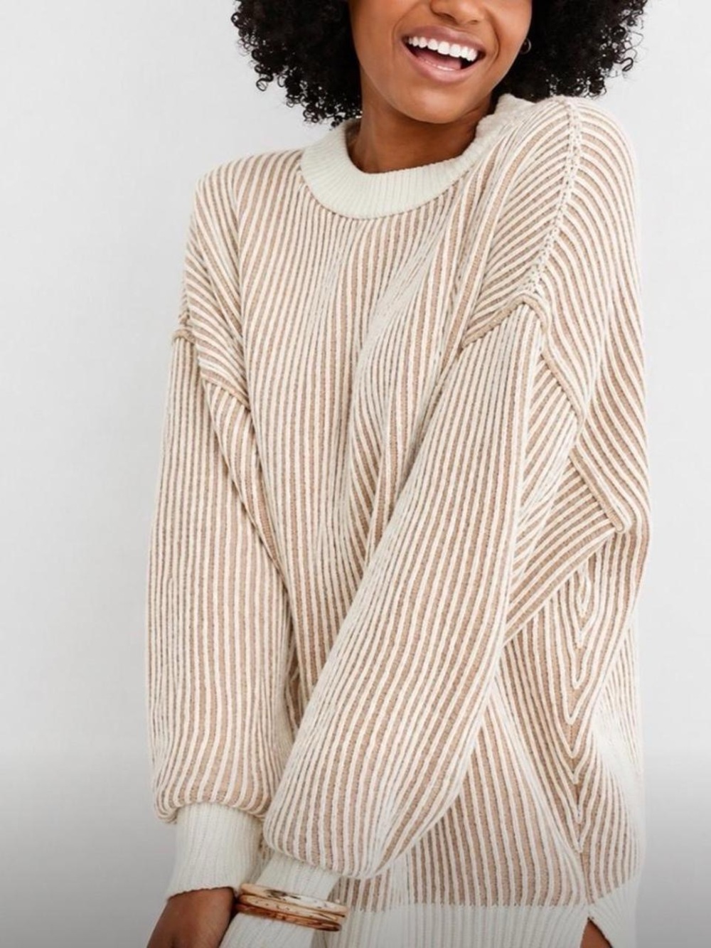 Aerie Beyond Chenille Cream and Tan Knit Comfy Oversized Sweater Sz L